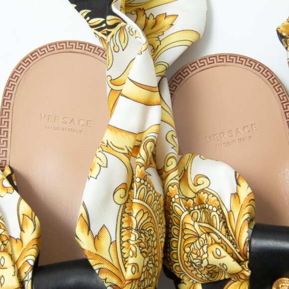 NIB Versace Medusa Ankle Wrap Silk Sash Barocco Sandals Flats Black & Gold, 37 - Picture 5 of 16